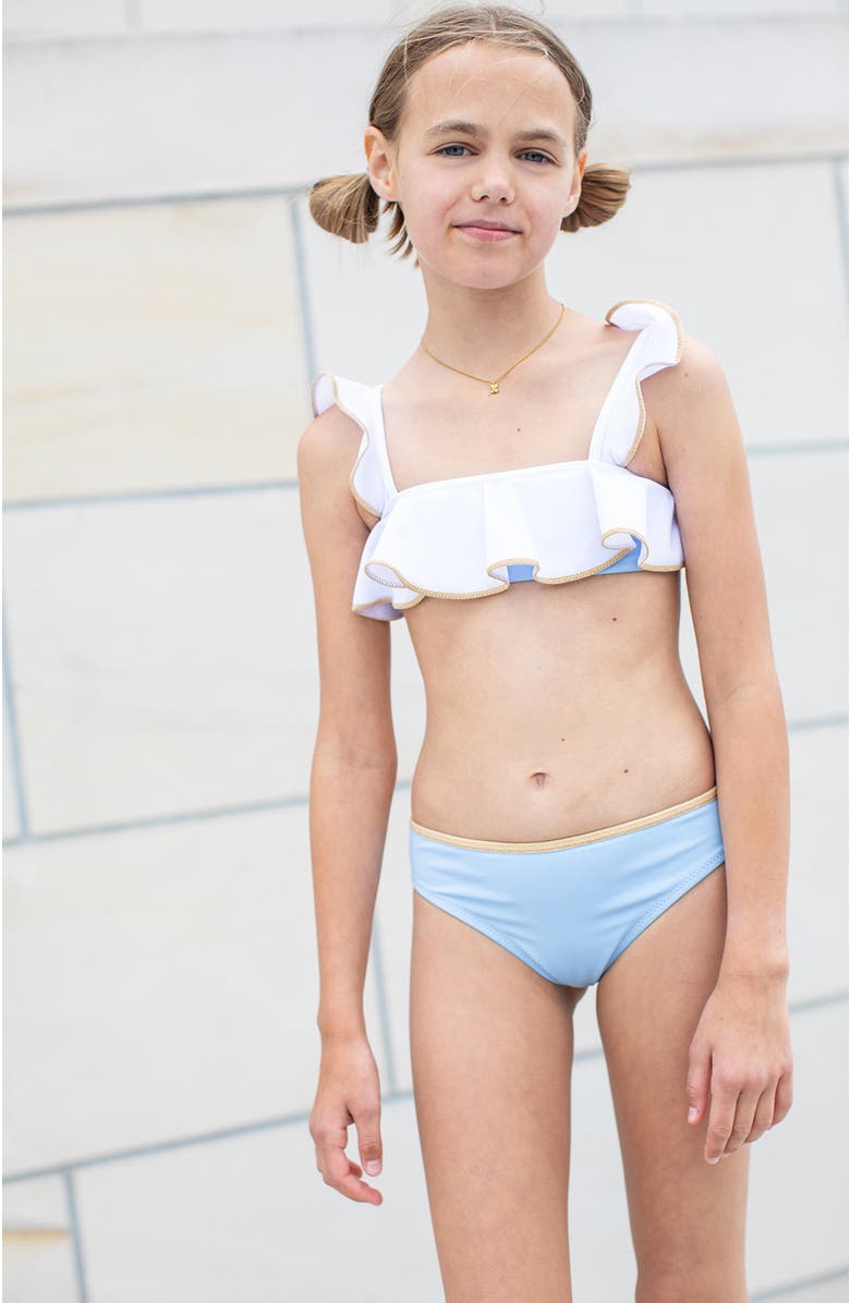 NESSI BYRD Ruffled Shoulders with Shimmering Bronze Piping Two-Piece Bikini, Alternate, color, Blue-White