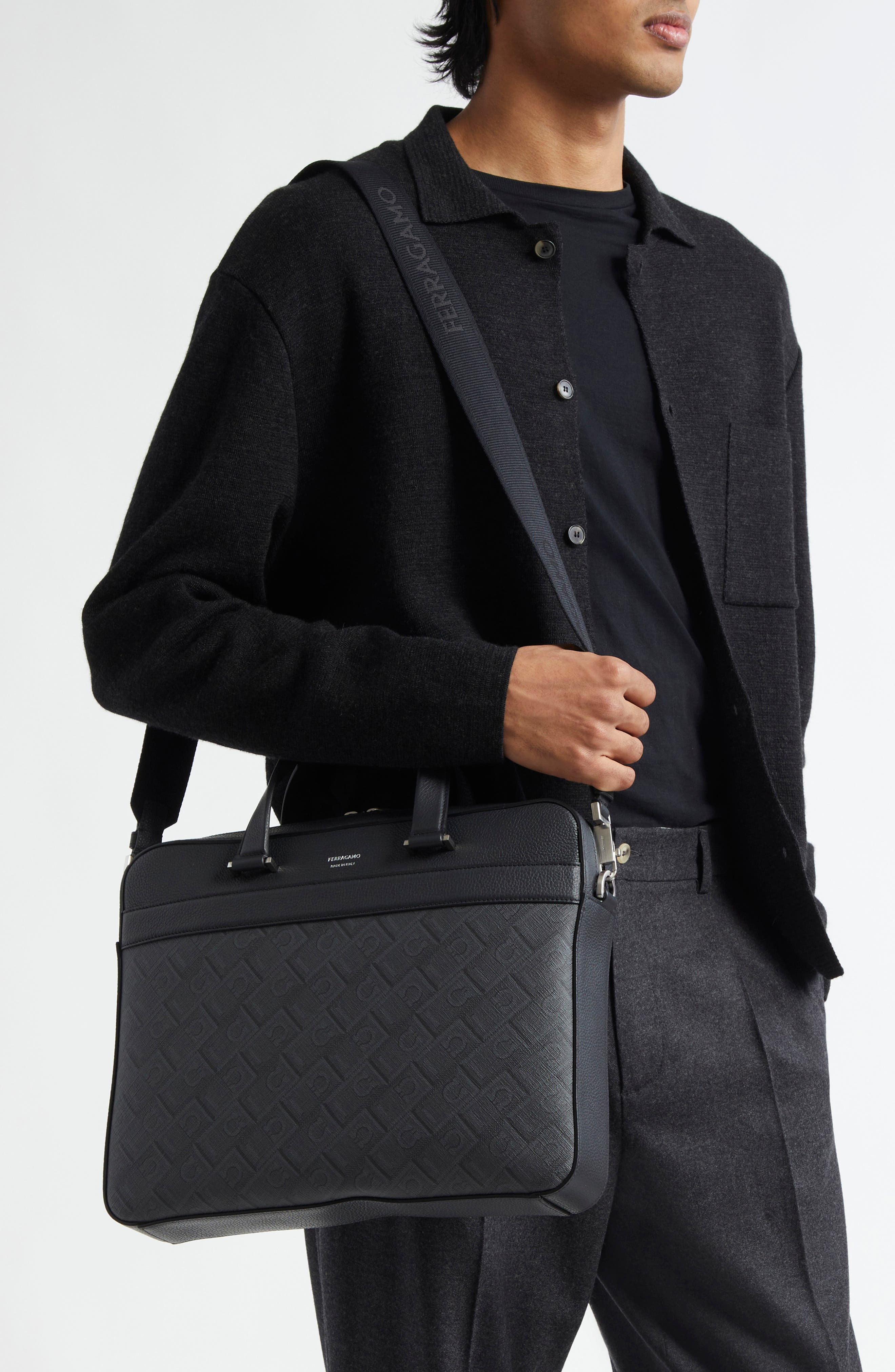 FERRAGAMO Gancio Embossed Briefcase, Alternate, color, Nero Grigio