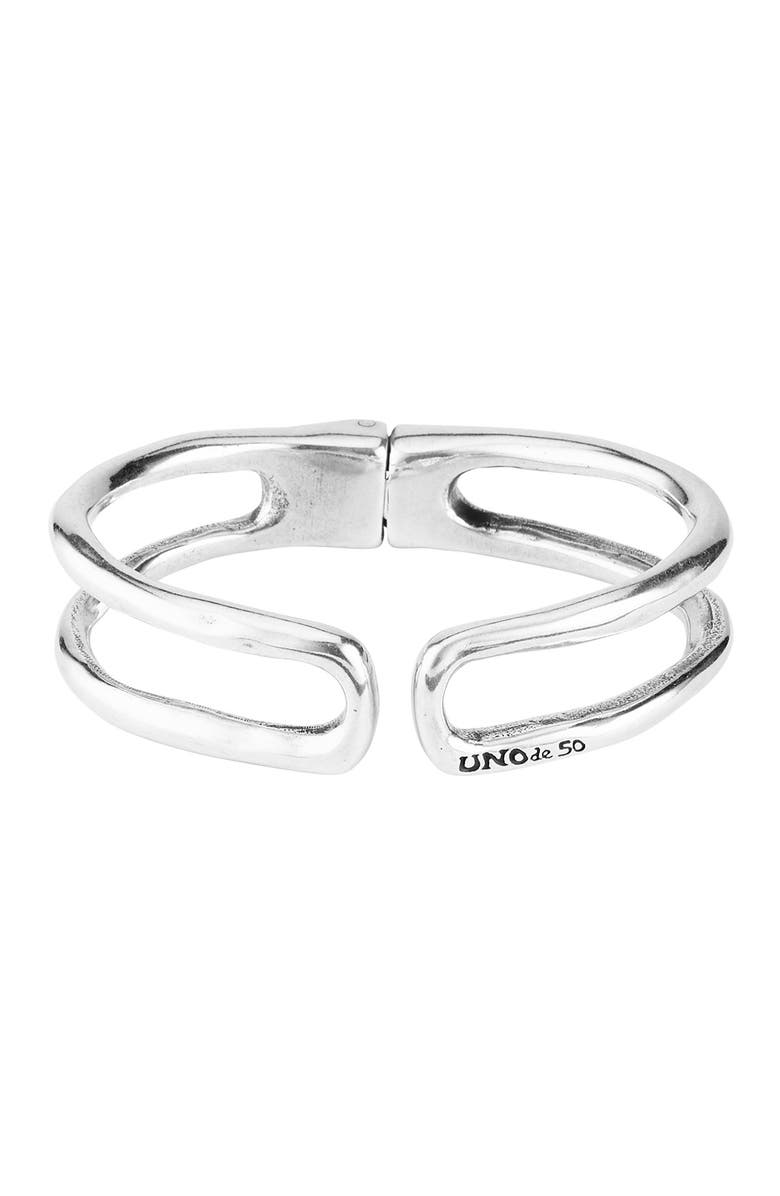 UNODE50 Silver Plated Hammer Texture Date Cuff Bracelet, Main, color,