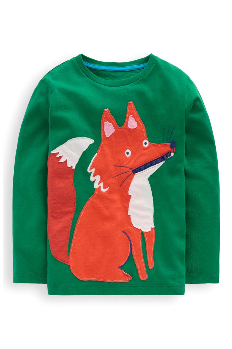 Kids' Fox Appliqué Long Sleeve Cotton Pocket T-Shirt, Main, color, SHADY GREEN FOXES