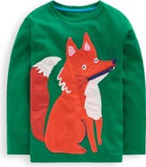 Mini Boden Kids' Fox Appliqué Long Sleeve Cotton Pocket T-Shirt