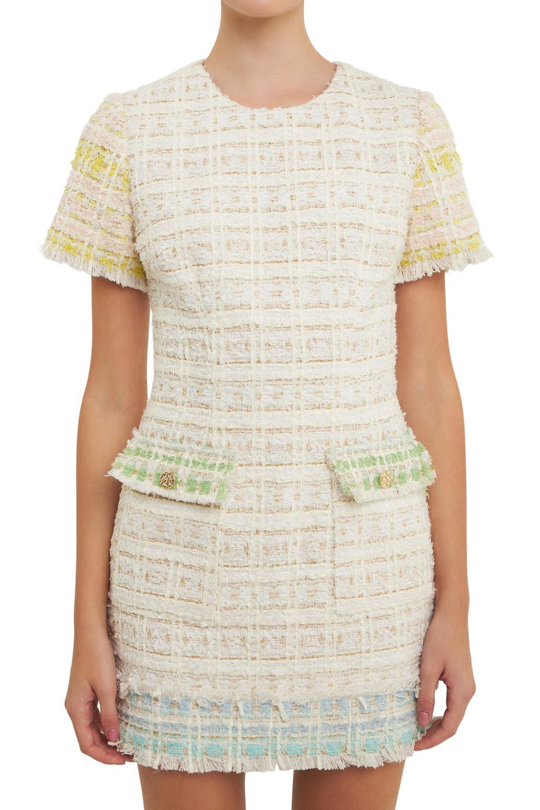 Colorblock Tweed Minidress, Alternate, color, IVORY MULTI