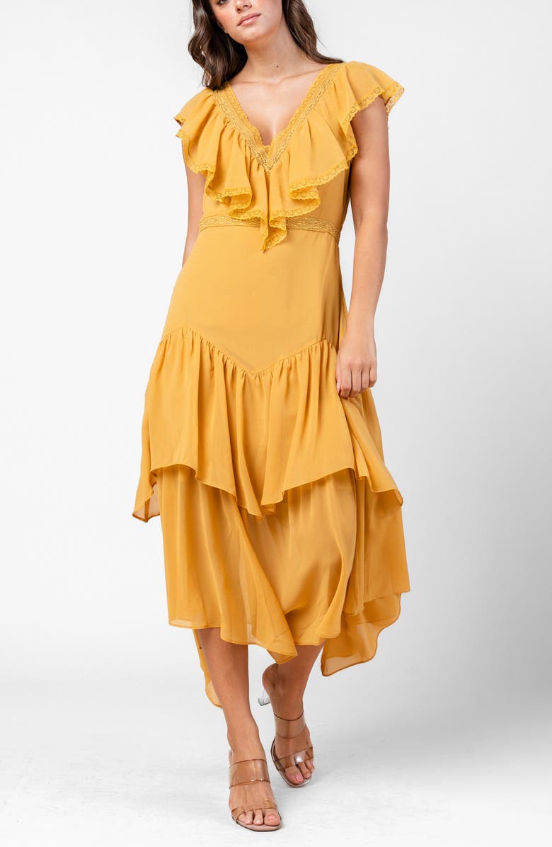 Beivy Ruffle Cascade Chiffon Dress, Alternate, color, Amber Haze