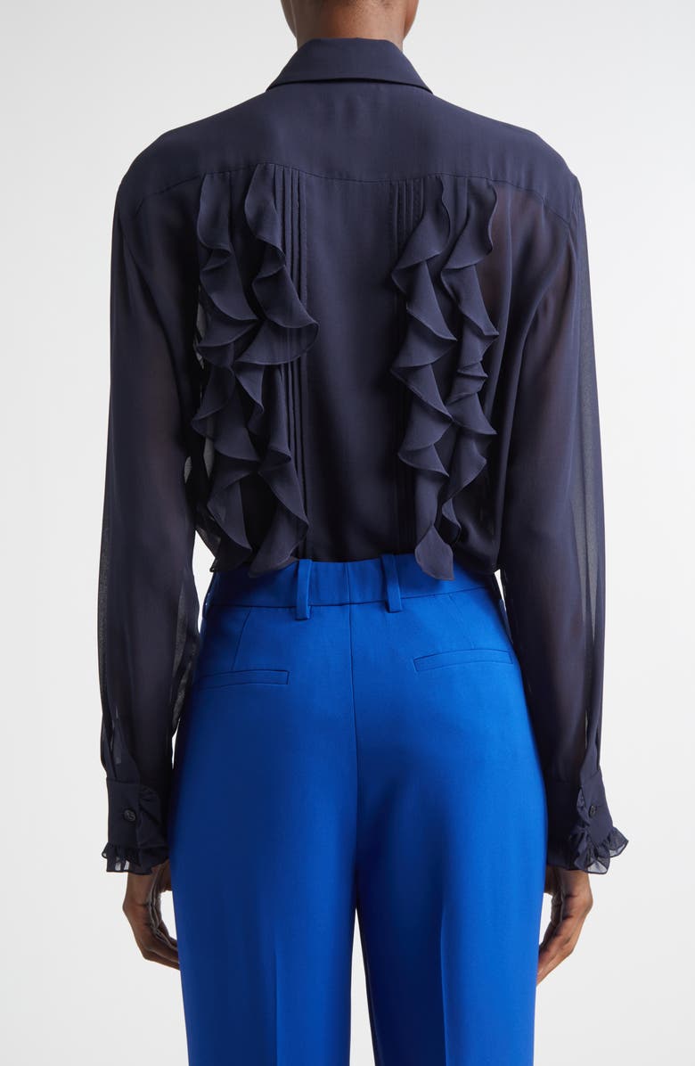 Lafayette 148 New York Ruffle Tie Neck Silk Georgette Shirt, Alternate, color, Ink