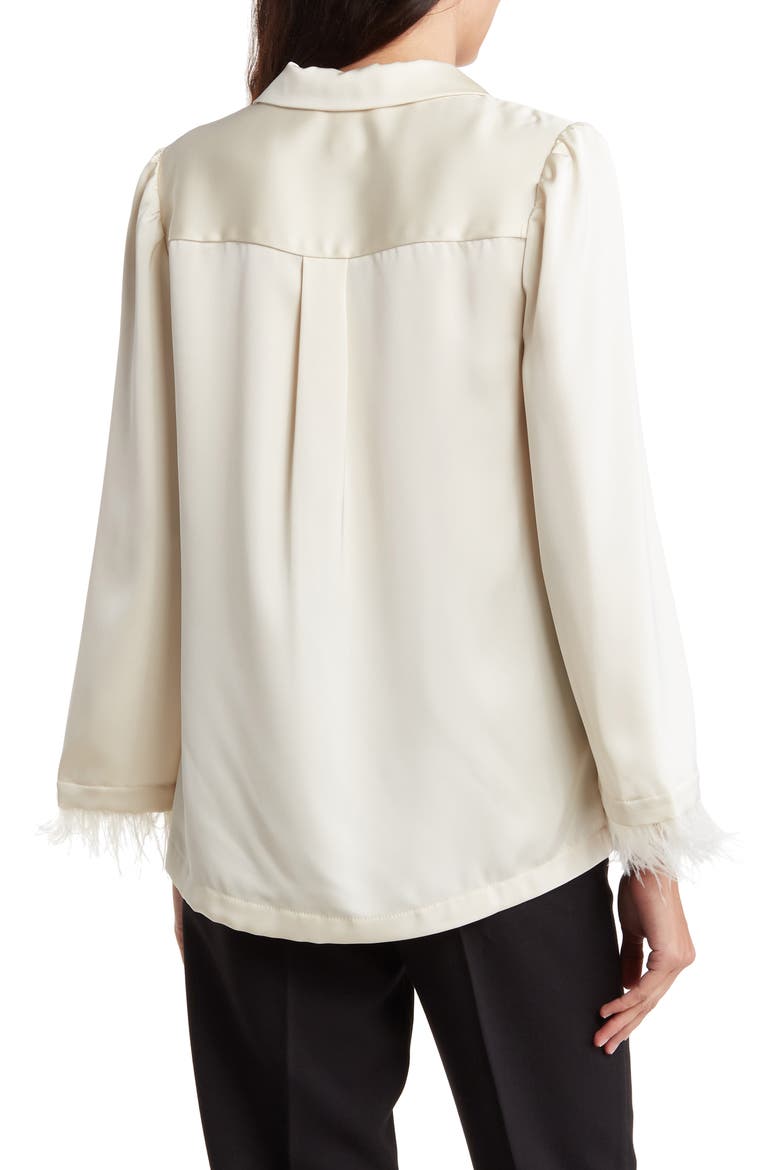 Laine Feather Trim Satin Button-Up Top, Alternate, color, IVORY