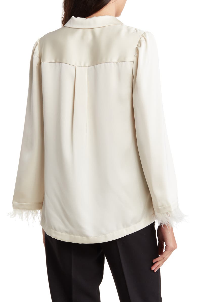 BY DESIGN Laine Feather Trim Satin Button-Up Top, Alternate, color, Ivory