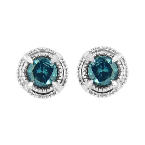 Silver 1 1/2 Ct Blue Diamond Solitaire Milgrain Stud Earrings