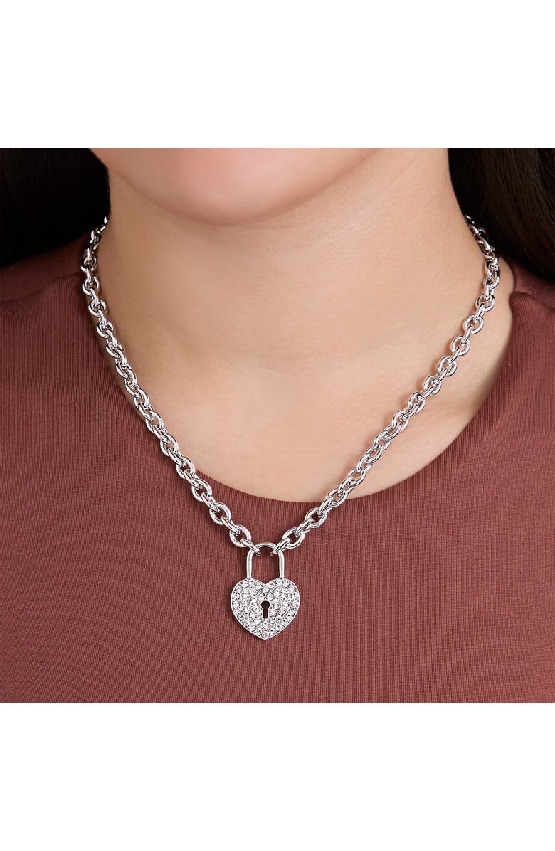 Jessica Simpson Silver-Tone Pave Crystal Heart Lock Necklace, Alternate, color, Silver