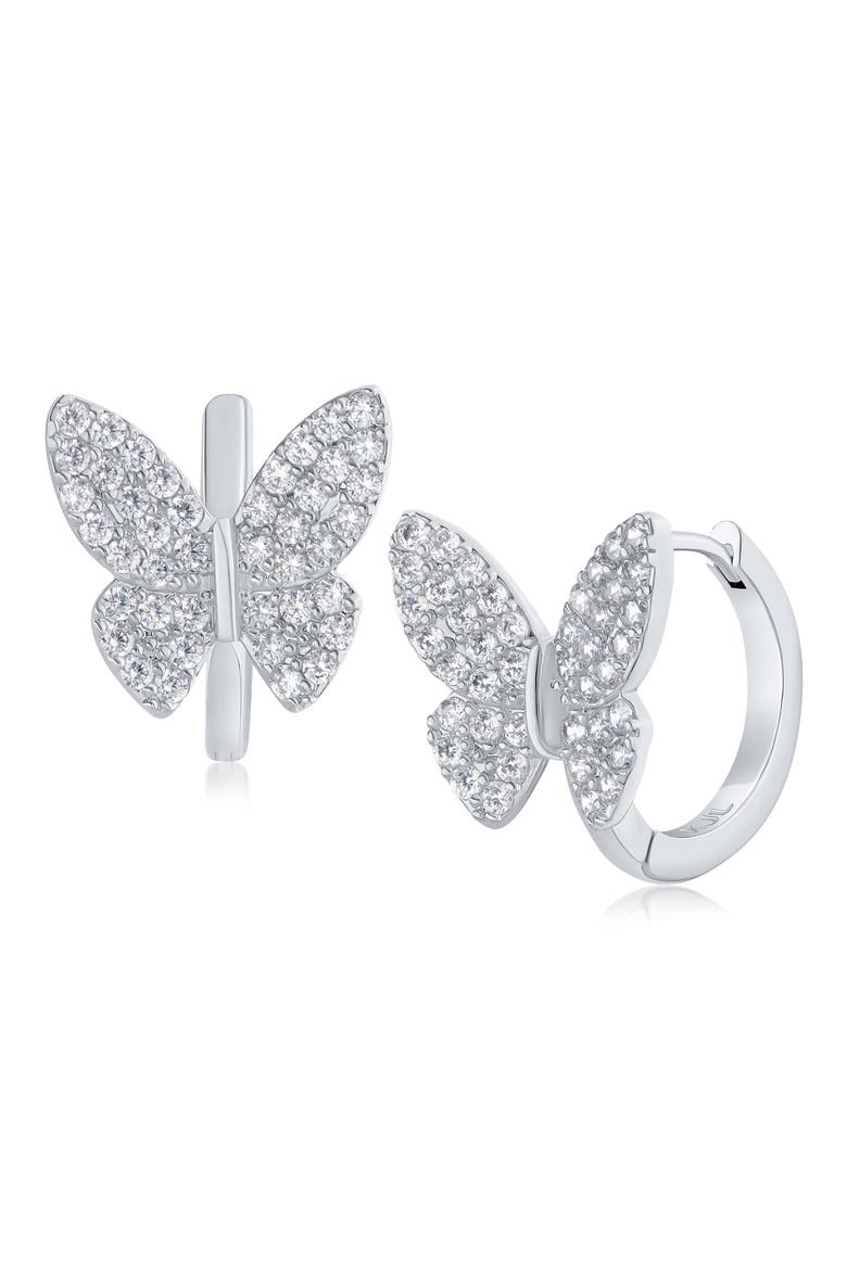 Cubic Zirconia Pavé Butterfly Huggie Hoop Earrings, Main, color, CLEAR/SILVER