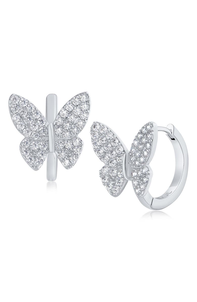 CZ by Kenneth Jay Lane Cubic Zirconia Pavé Butterfly Huggie Hoop Earrings, Main, color, Clear/Silver