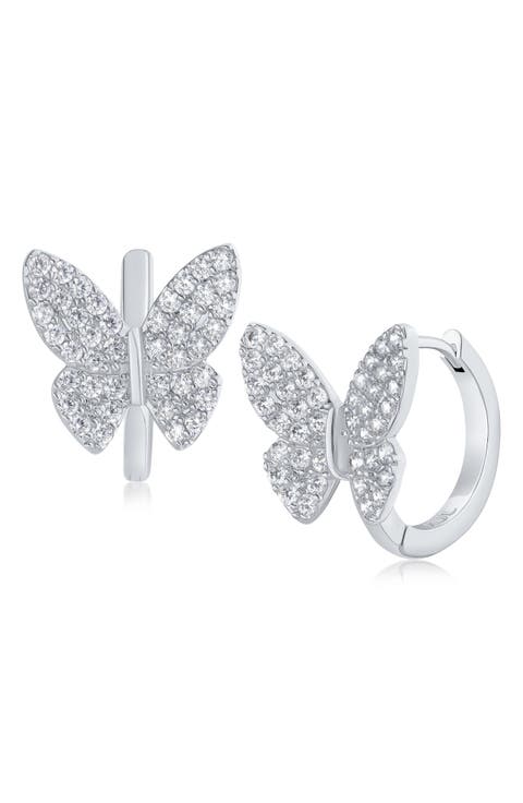 Cubic Zirconia Pavé Butterfly Huggie Hoop Earrings