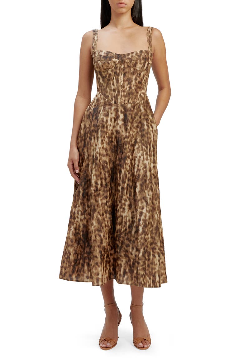 Lilah Leopard Print Sleeveless Corset Midi Dress, Main, color, LEOPARD