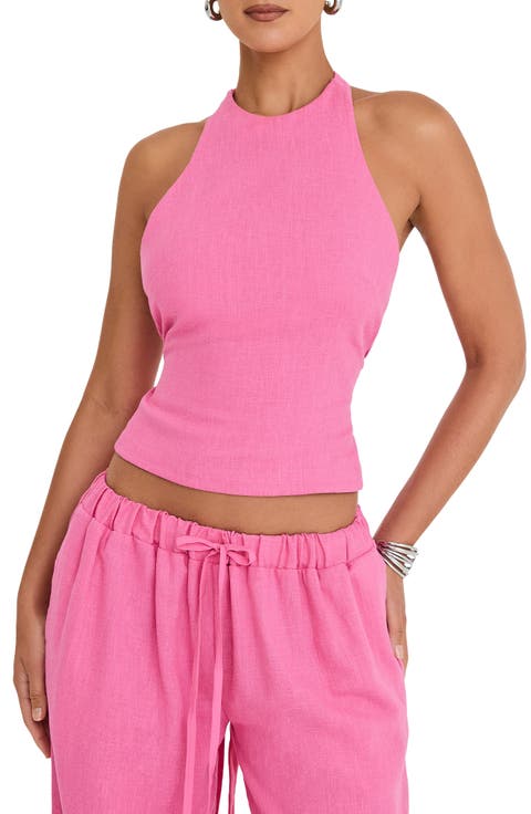 Crop Linen Blend Halter Top