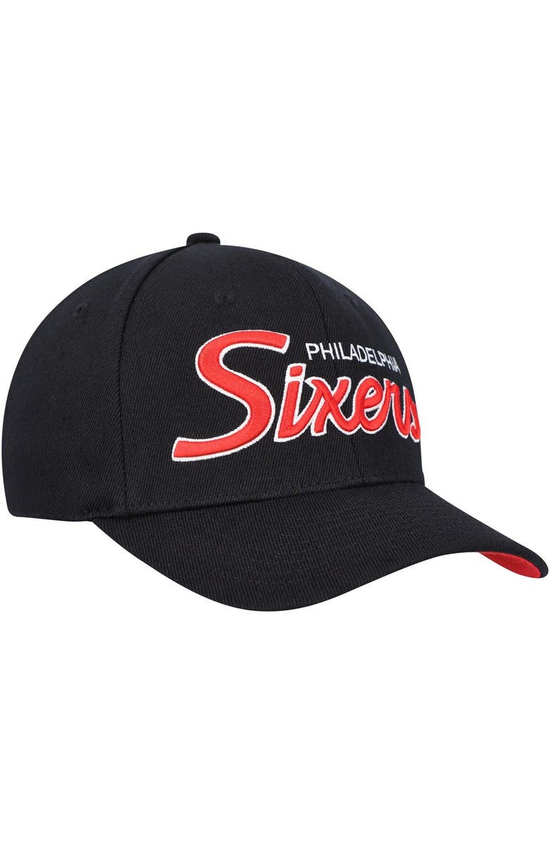 Mitchell & Ness Men's Mitchell & Ness Black Philadelphia 76ers MVP Team Script 2.0 Stretch-Snapback Hat, Alternate, color, Black