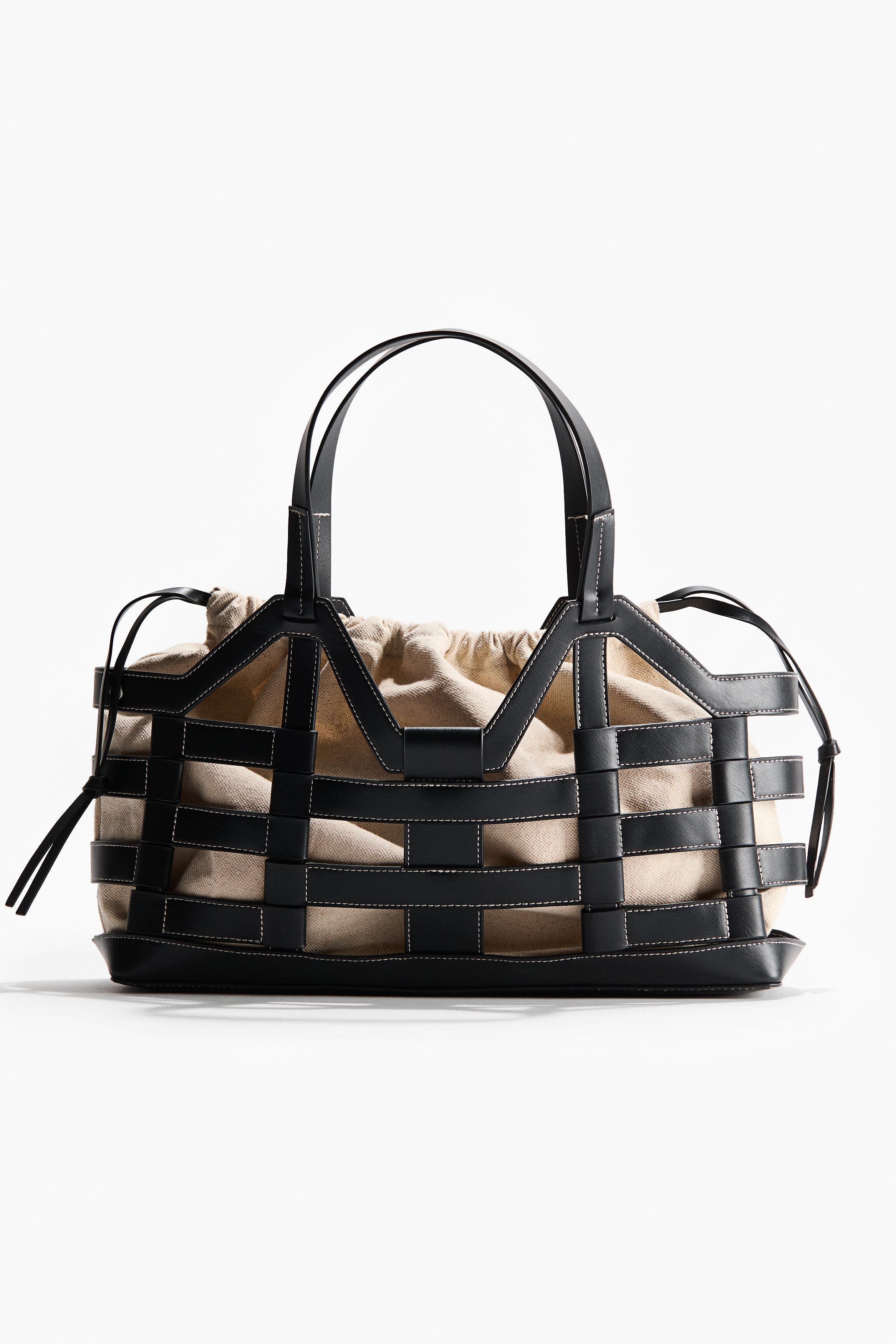 H&M Large drawstring-detail tote bag, Main, color, Black/Light Beige