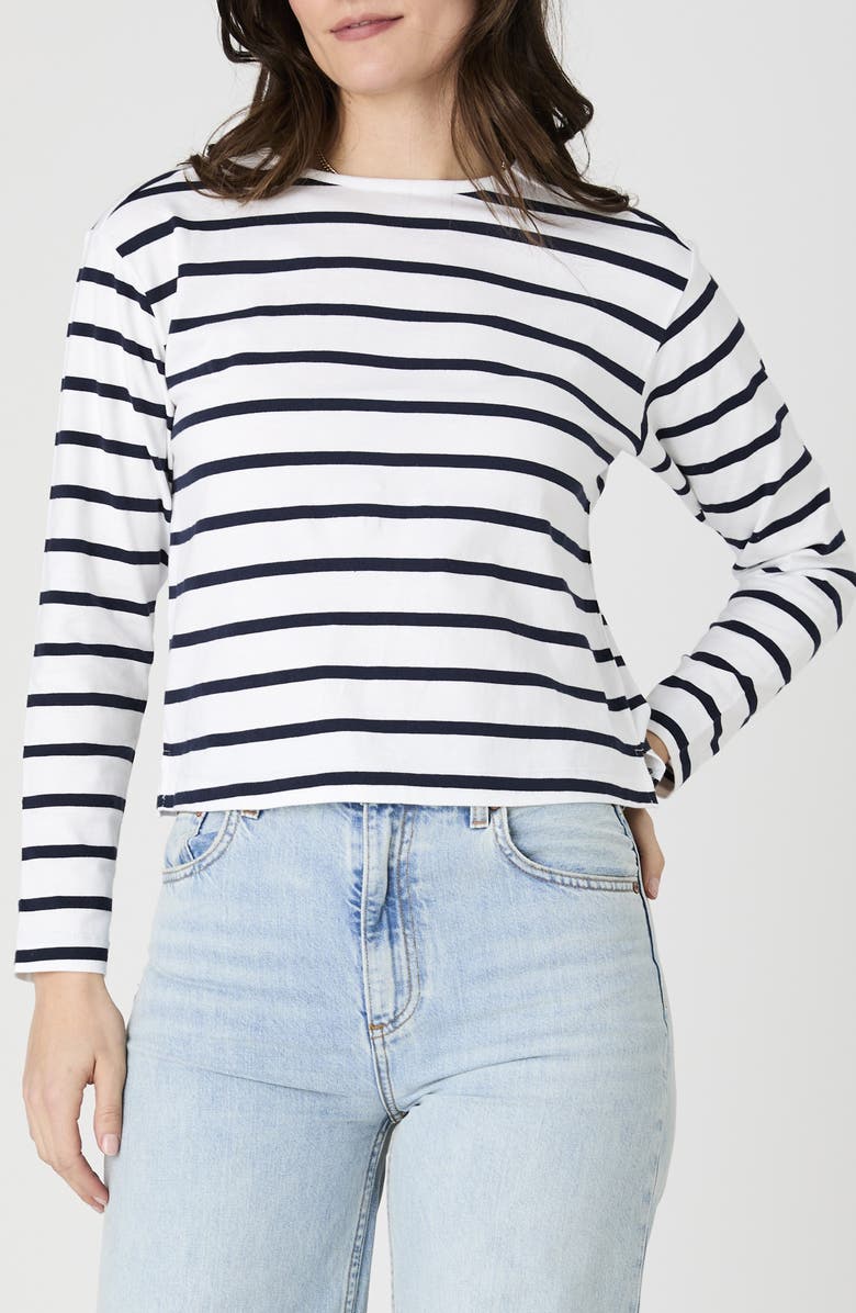 French Connection Rallie Stripe Long Sleeve Cotton Top, Main, color, Summer White/ Marine