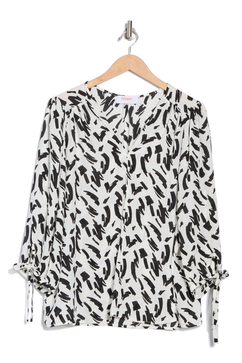 V-Neck Tie Cuff Popover Top, Alternate, color, IVORY