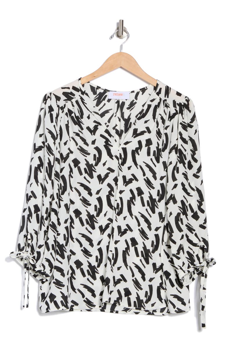 Renee C V-Neck Tie Cuff Popover Top, Alternate, color, Ivory