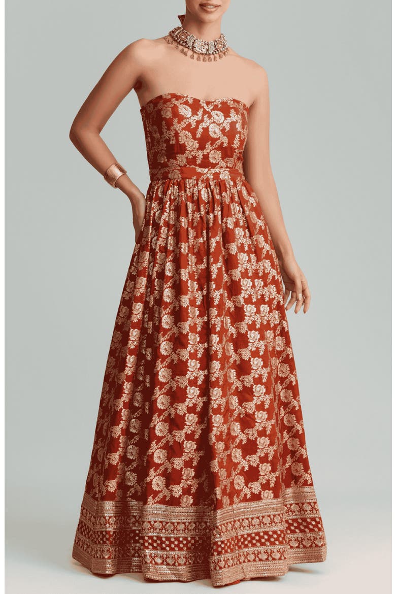 Amber Metallic Embroidery Strapless Gown, Alternate, color, RUST