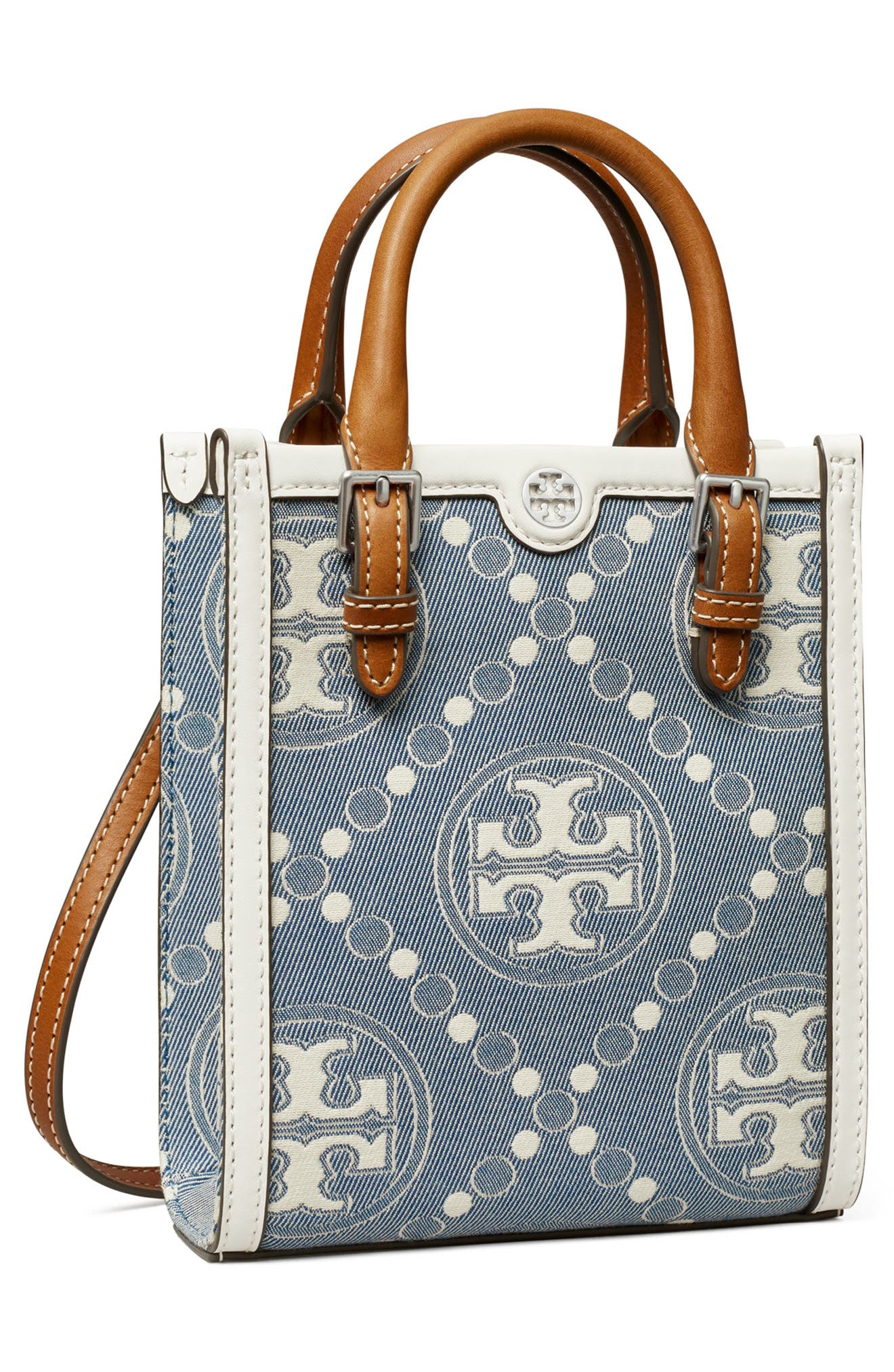 Tory Burch Mini T Monogram Denim Tote, Alternate, color, 