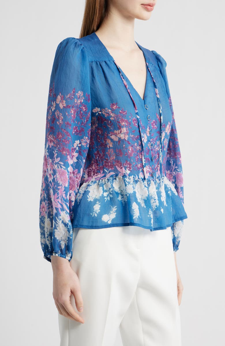 Tahari ASL Printed Ruffle Hem Top, Alternate, color, Blue Pink White