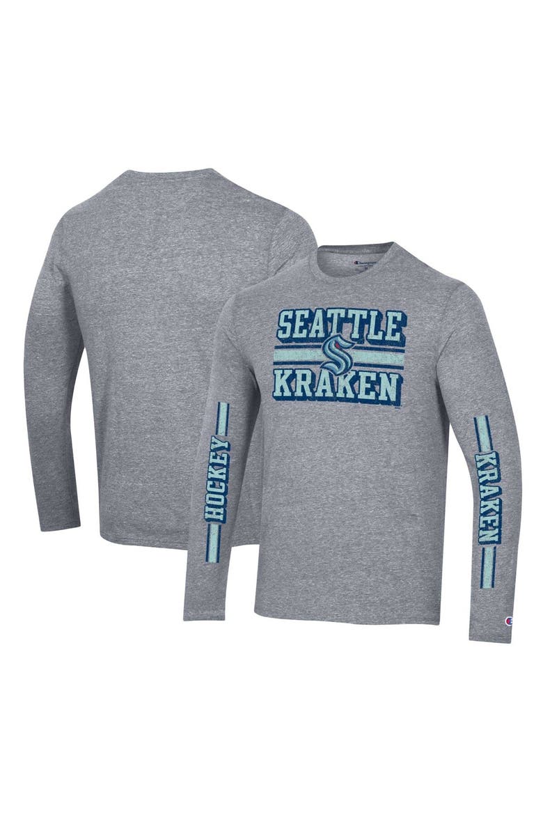 Men's Champion Heather Gray Seattle Kraken Tri-Blend Dual-Stripe Long Sleeve T-Shirt, Alternate, color, Heather Gray