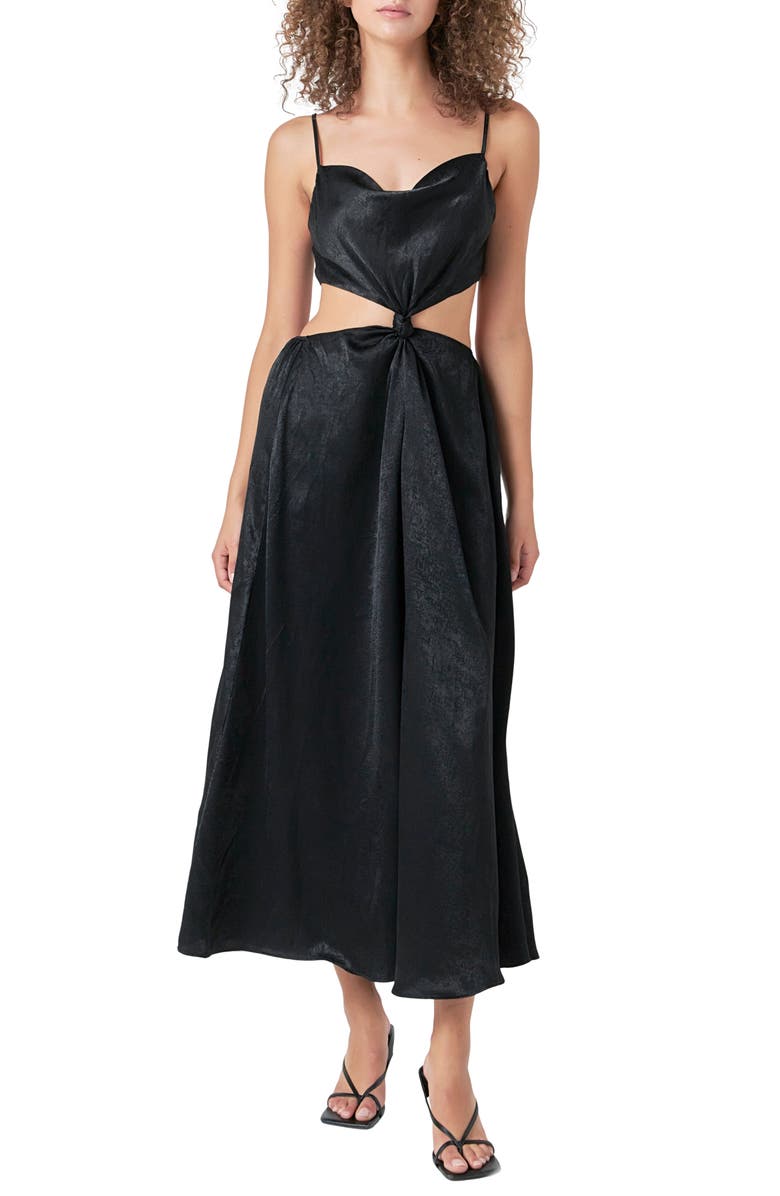 Endless Rose Front Twist Satin Midi Dress, Alternate, color, Black