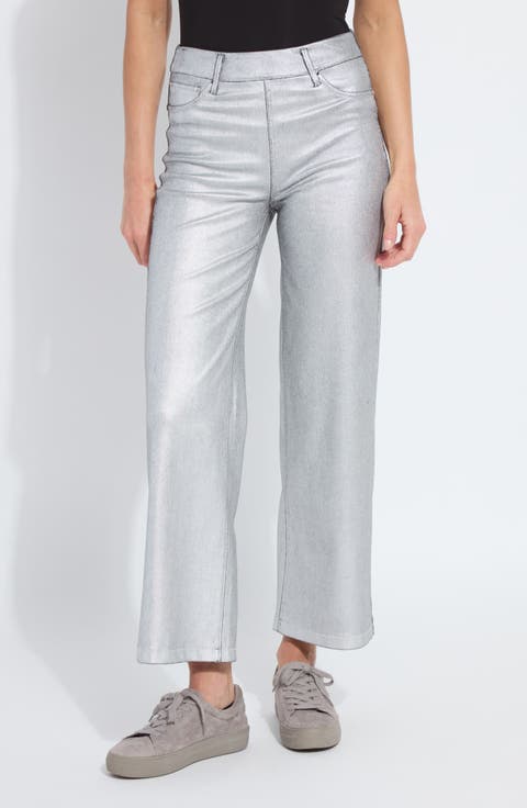 Metallic Coated High Waist Wide Leg Pull-On Jeans (Metallic Silver)