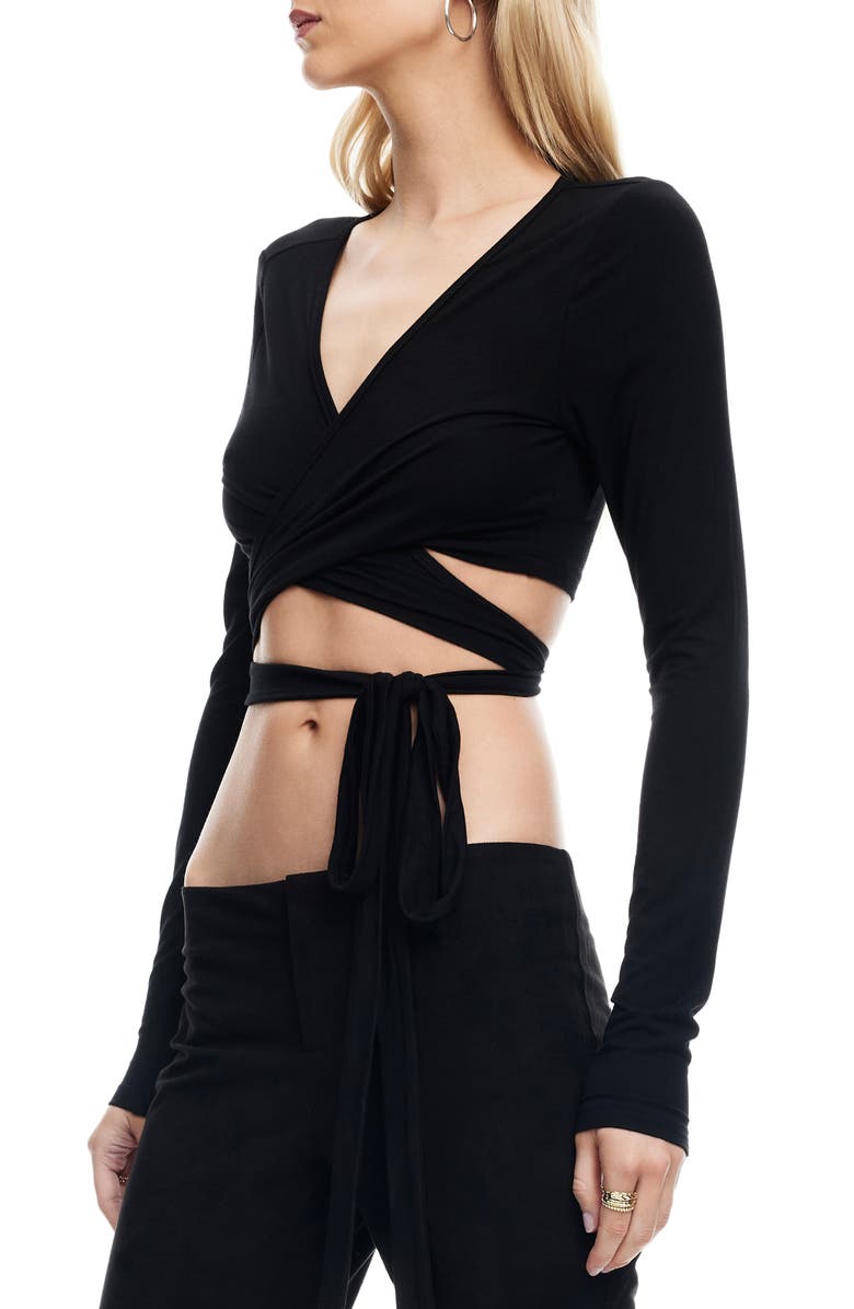 LIONESS Boundless Long Sleeve Wrap Crop Top, Alternate, color, Noir
