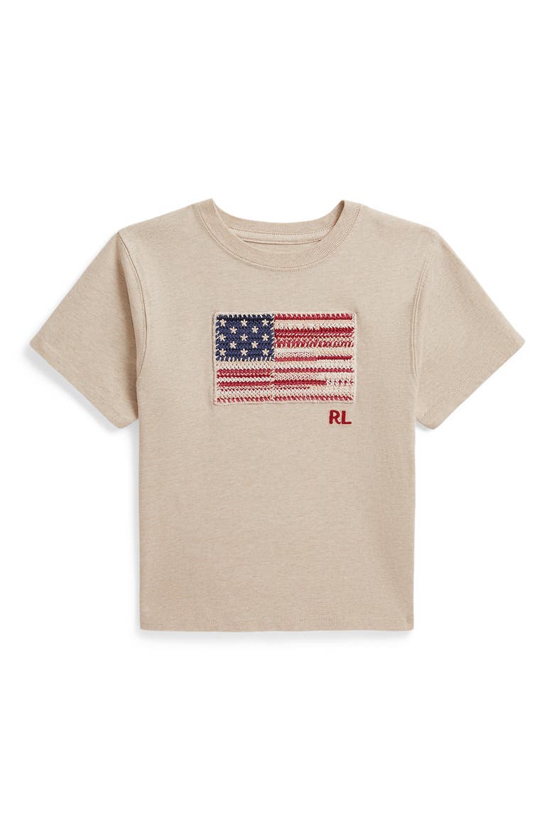 Kids' Embroidered American Flag Cotton T-Shirt, Main, color, DUNE TAN