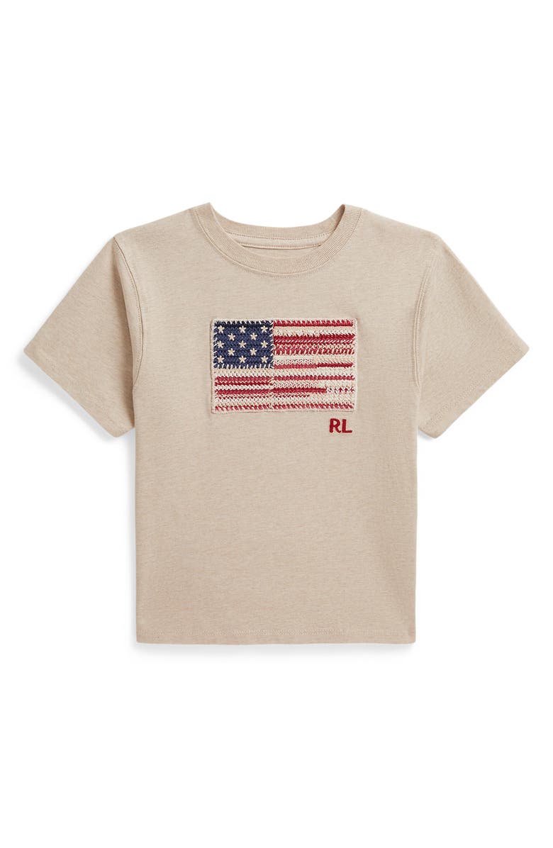 Polo Ralph Lauren Kids' Embroidered American Flag Cotton T-Shirt, Main, color, Dune Tan