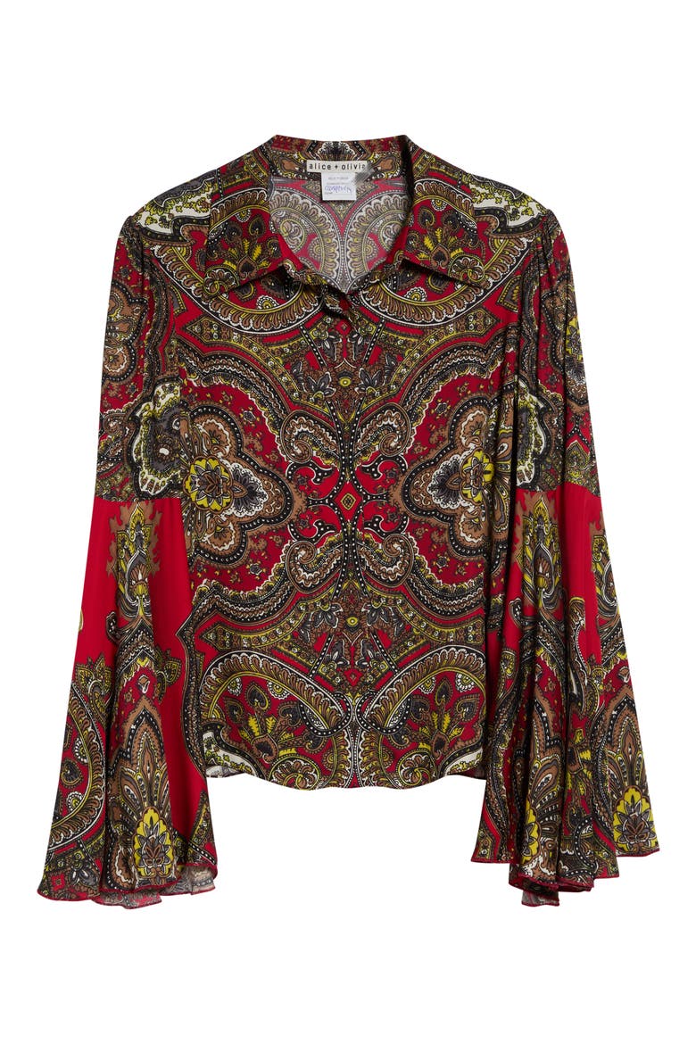 Willa Fitted Button Up Top with Bell Sleeves, Alternate, color, BON VOYAGE HIBISCUS MULTI