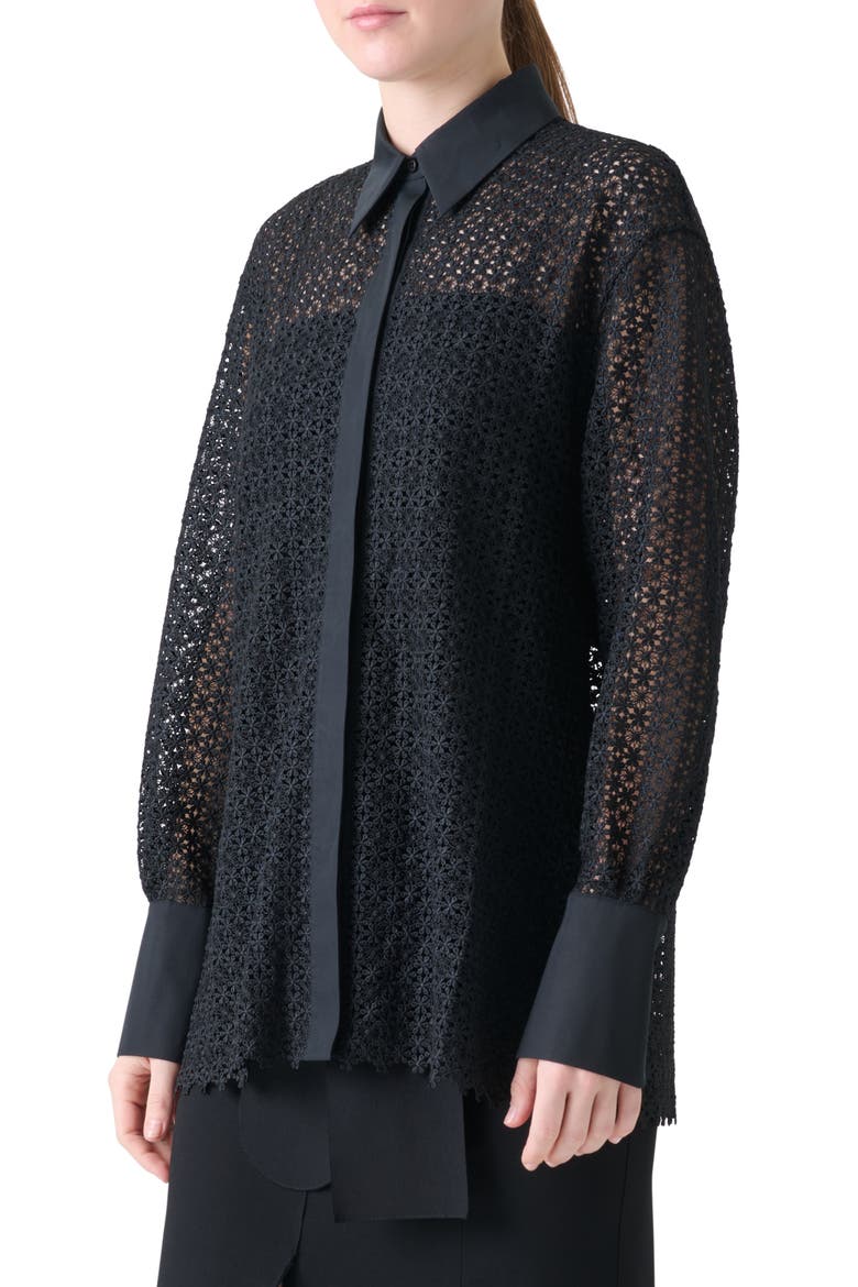 Daisy Guipure Button-Up Shirt, Alternate, color, BLACK