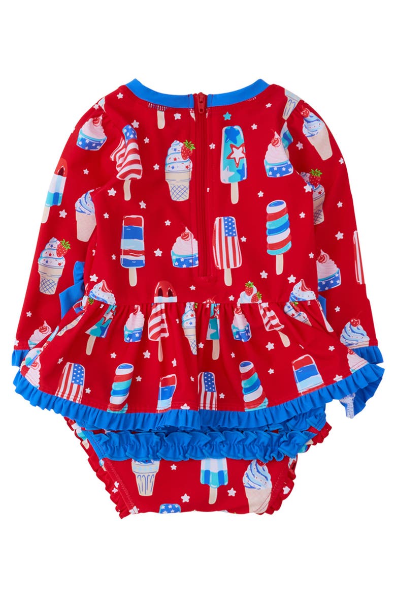 UPF50+ Long Sleeve One Piece Bow Peplum Rash Guard Swimsuit, Alternate, color, Stars & Scoops