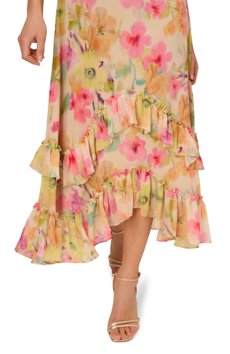 Adrianna Papell Floral Ruffle Trim Chiffon Dress, Alternate, color, Green/ Pink Multi