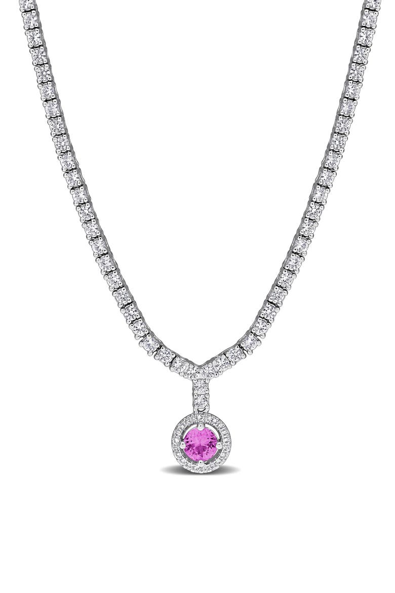Lab Created Pink Sapphire & White Sapphire Pendant Necklace, Main, color, PINK