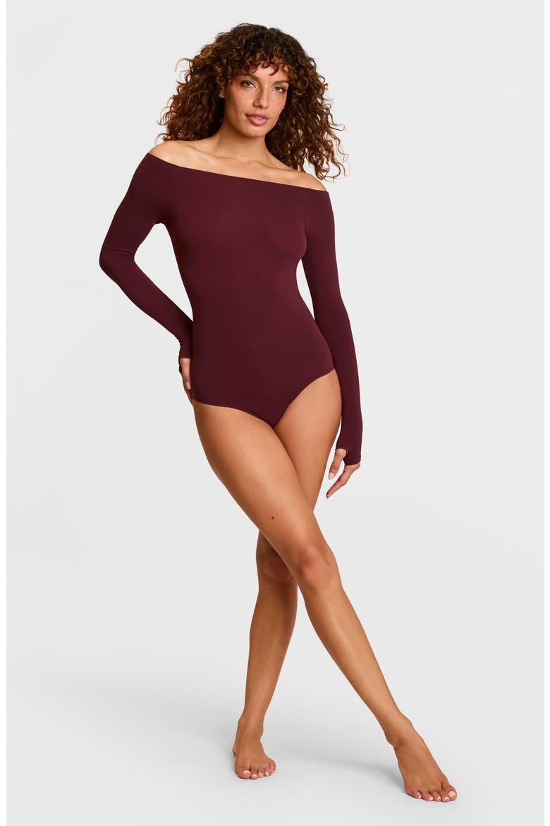 Off the Shoulder Ballet Bodysuit, Alternate, color, RAISIN