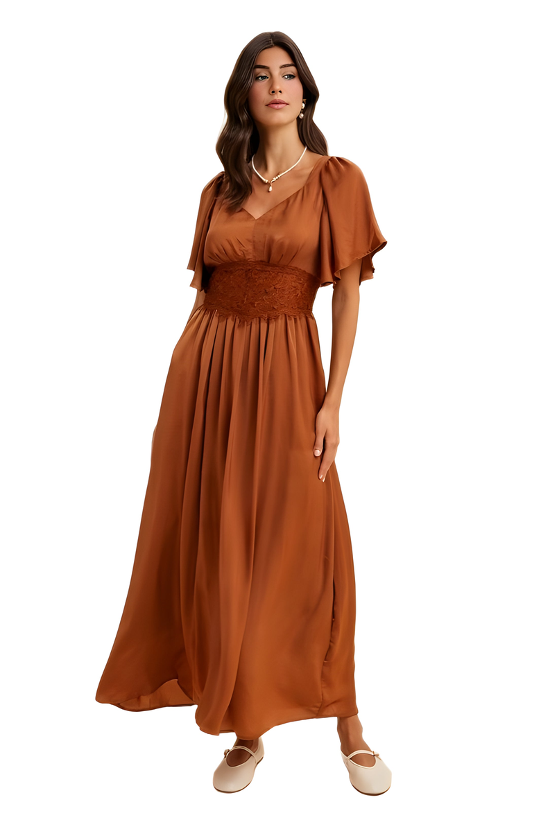 Knit and Lounge Lace Waist Flutter Sleeve Maxi Dress, Main, color, Rust