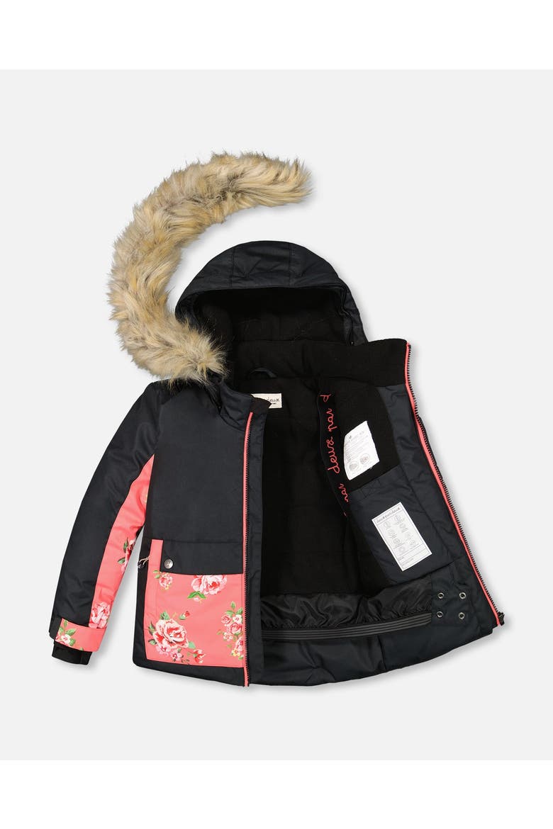 Girl's Two Piece Snowsuit Black With Print Pant Printed Coral Flowers, Alternate, color, Printed Coral Flowers