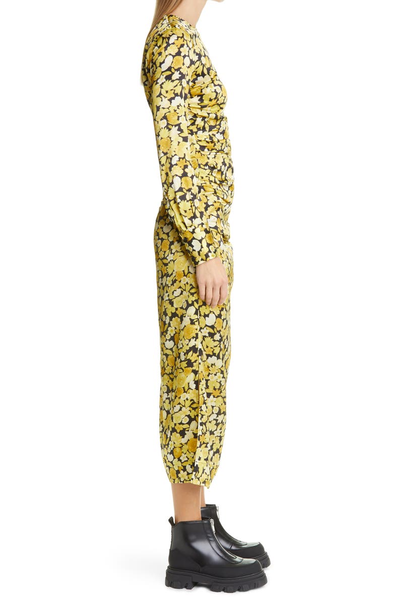 Ganni Floral Print Ruched Long Sleeve Stretch Silk Satin Dress, Alternate, color,