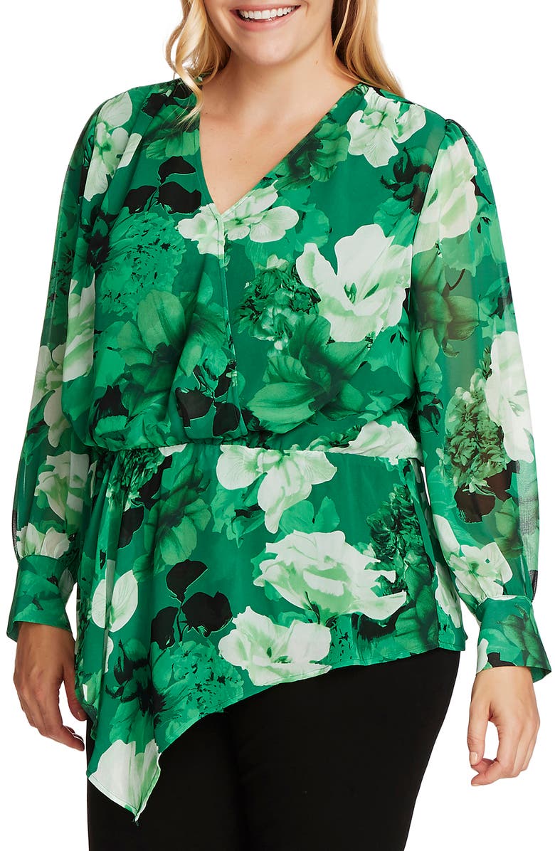 Vince Camuto Floral Cinch Waist Asymmetrical Hem Chiffon Blouse, Main, color, 