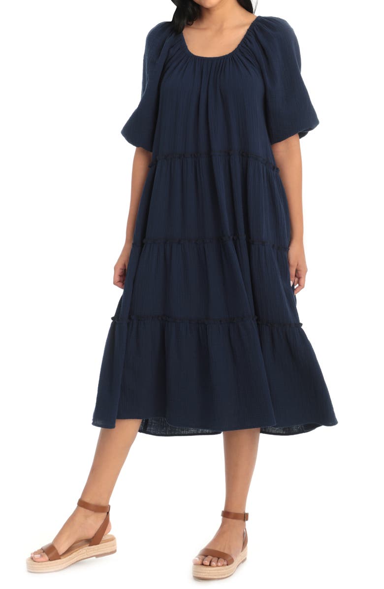 London Times Gauze Tiered Trapeze Midi Dress, Alternate, color, Navy