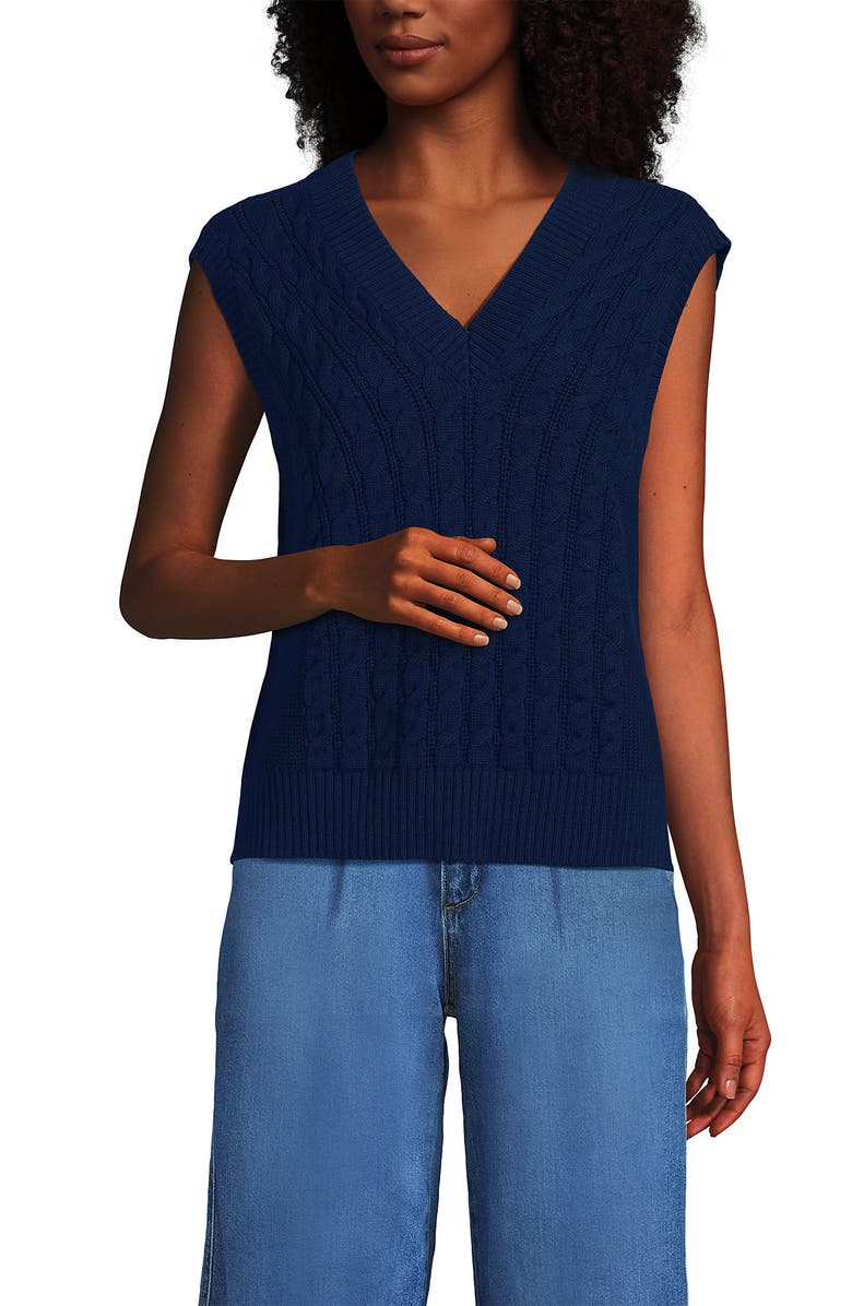 Lands' End Drifter Modern Cable V Neck Vest Sweater, Main, color, Deep Sea Navy
