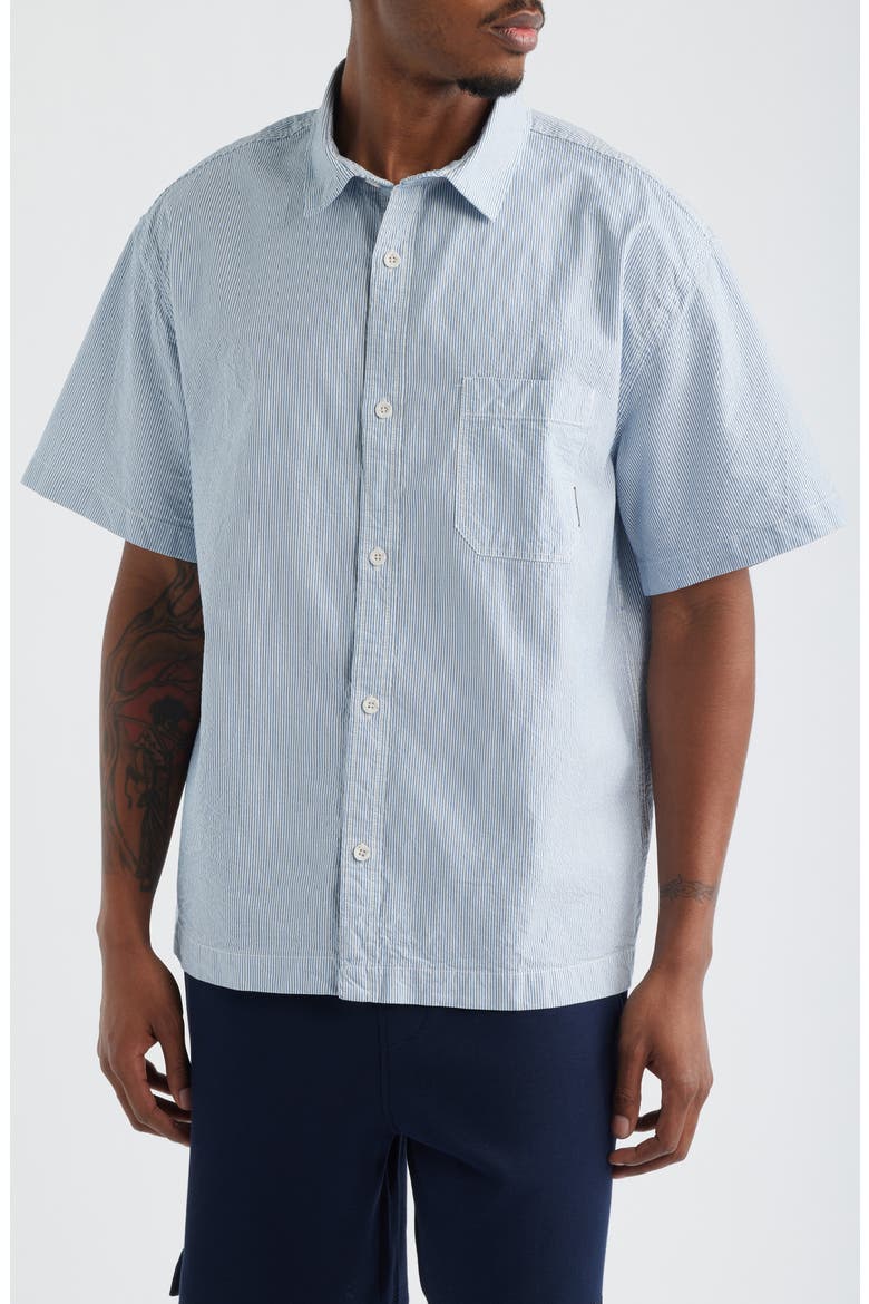 Stripe Short Sleeve Cotton Button-Up Shirt, Main, color, BLUE STRIPED