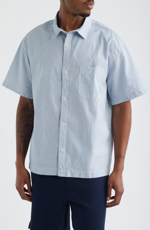 Stripe Short Sleeve Cotton Button-Up Shirt