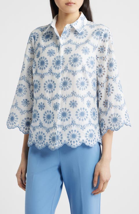 Embroidered Eyelet Cotton Button-Up Shirt