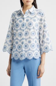 Anne Klein Embroidered Eyelet Cotton Button-Up Shirt