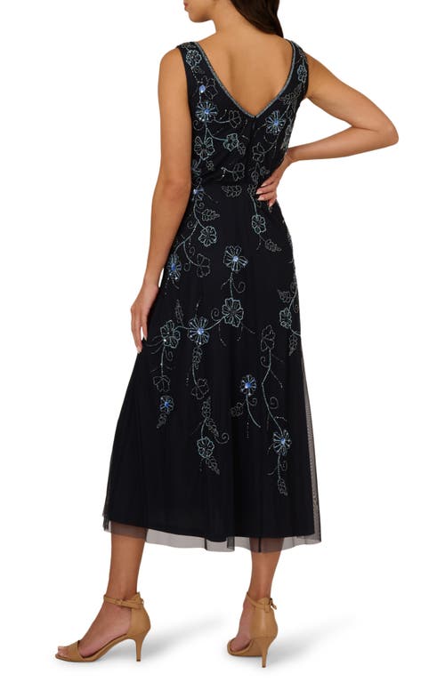 Shop Adrianna Papell Beaded Sleeveless Midi Dress In Midnight Multi
