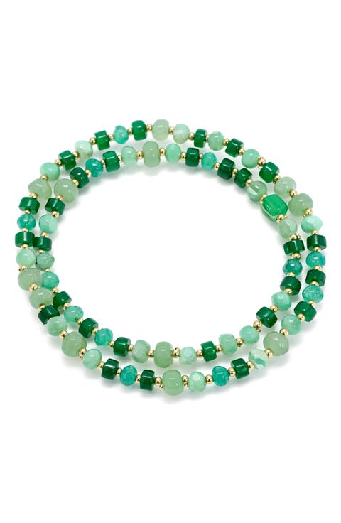 Set of 2 Green Beaded Stretch Bracelets