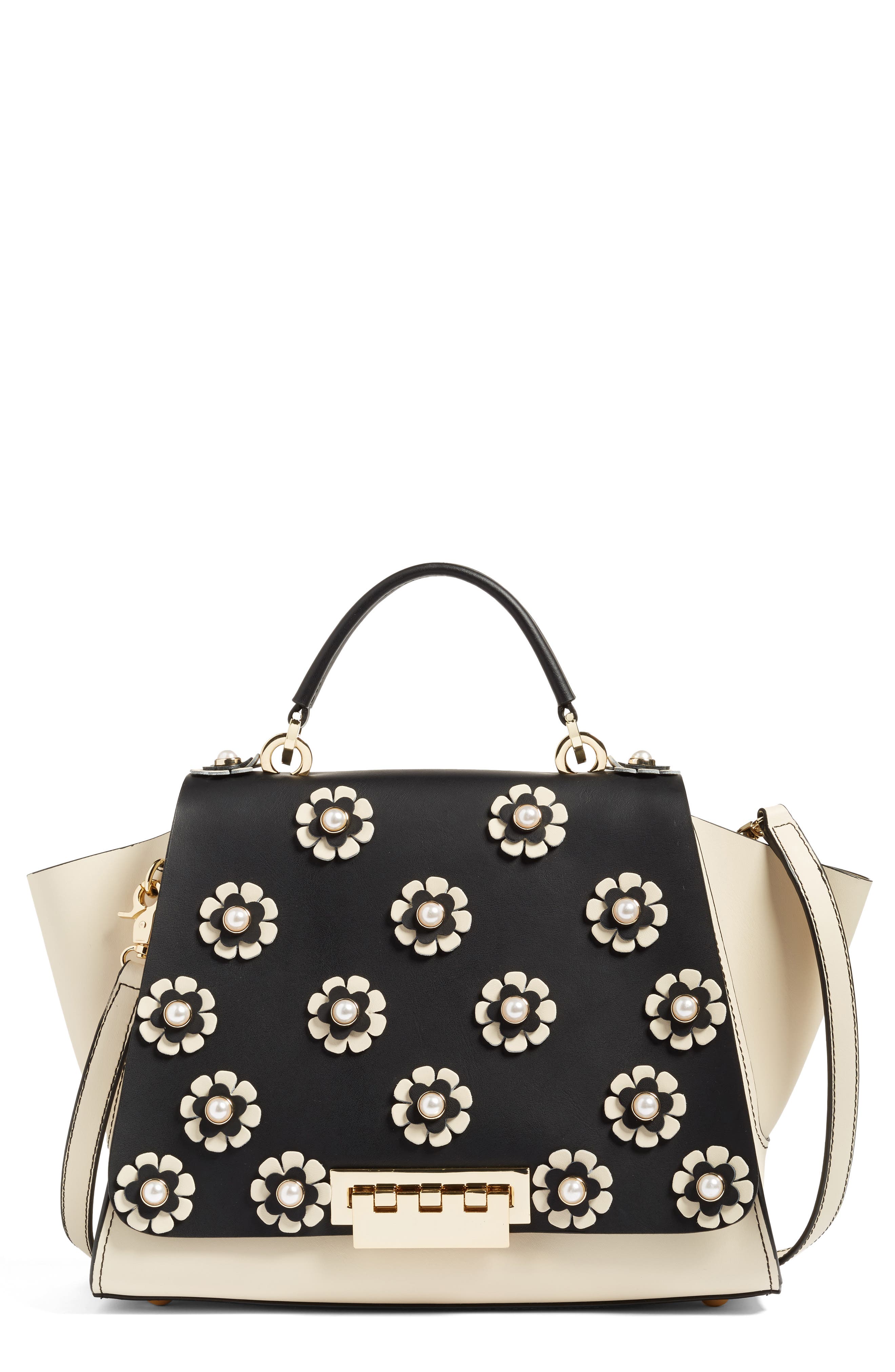 Eartha Embellished Leather Top Handle Satchel, Main, color, BLACK/ WHITE FLORAL APP